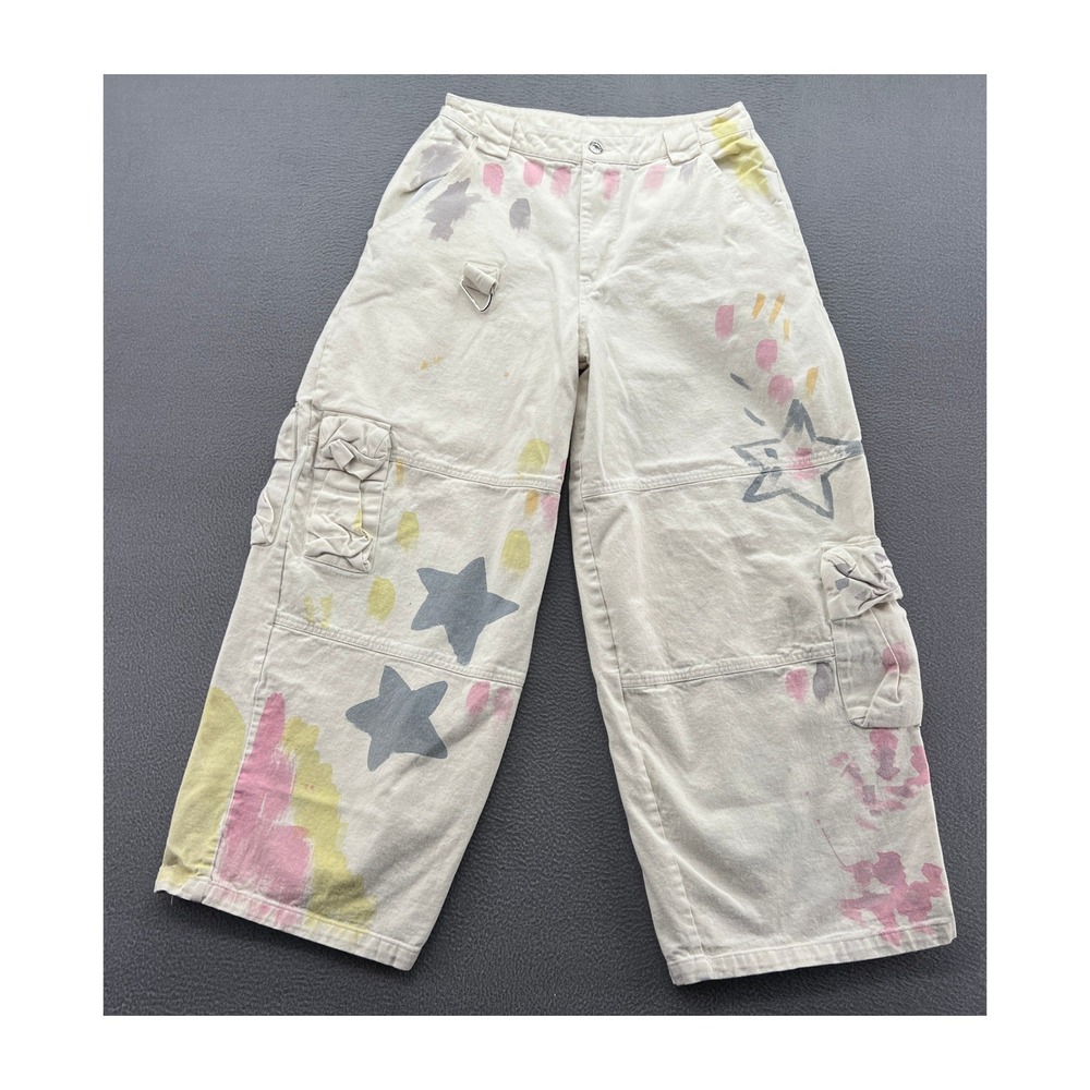 Bangon Painted Star Cargo Jeans Cream Wide Leg Streetwear Utility Trousers Sz 27